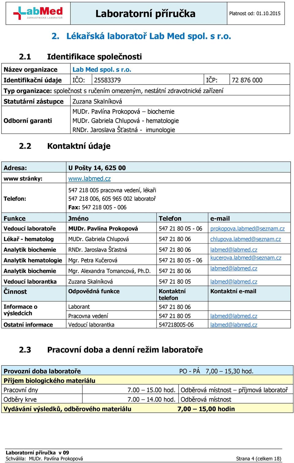 Pavlína Prokopová biochemie MUDr. Gabriela Chlupová - hematologie RNDr. Jaroslava Šťastná - imunologie 2.2 Kontaktní údaje Adresa: U Pošty 14, 625 00 www stránky: Telefon: www.labmed.