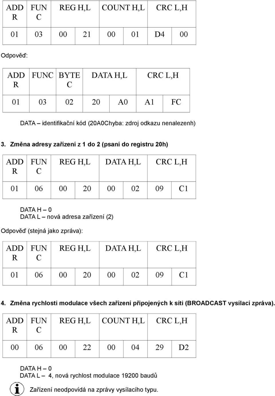 (stejná jako zpráva): EG H,L DATA H,L L,H 01 06 00 20 00 02 09 1 4.