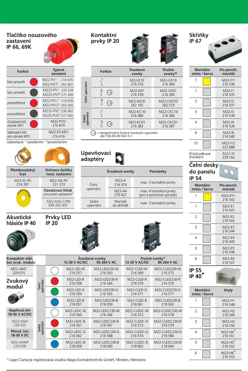 zastavení M22-PL-PV M22-XG-PV 216 397 231 273 Označovací štítek nouzové zastavení Akustické Prvky LED hlásiče IP IP 2 Kompaktní zákl. Šroubové svorky Pružné svorky 3) bez zvuk.