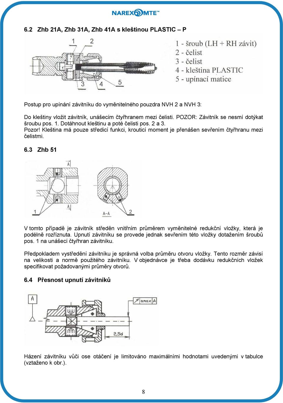 3 Zhb 51 V tomto případě je závitník středěn vnitřním průměrem vyměnitelné redukční vložky, která je podélně rozříznuta. Upnutí závitníku se provede jednak sevřením této vložky dotažením šroubů pos.