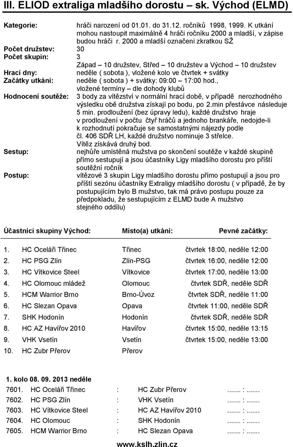 2000 a mladší označeni zkratkou SŽ Počet družstev: 30 Počet skupin: 3 Západ 10 družstev, Střed 10 družstev a Východ 10 družstev Hrací dny: neděle ( sobota ), vložené kolo ve čtvrtek + svátky Začátky