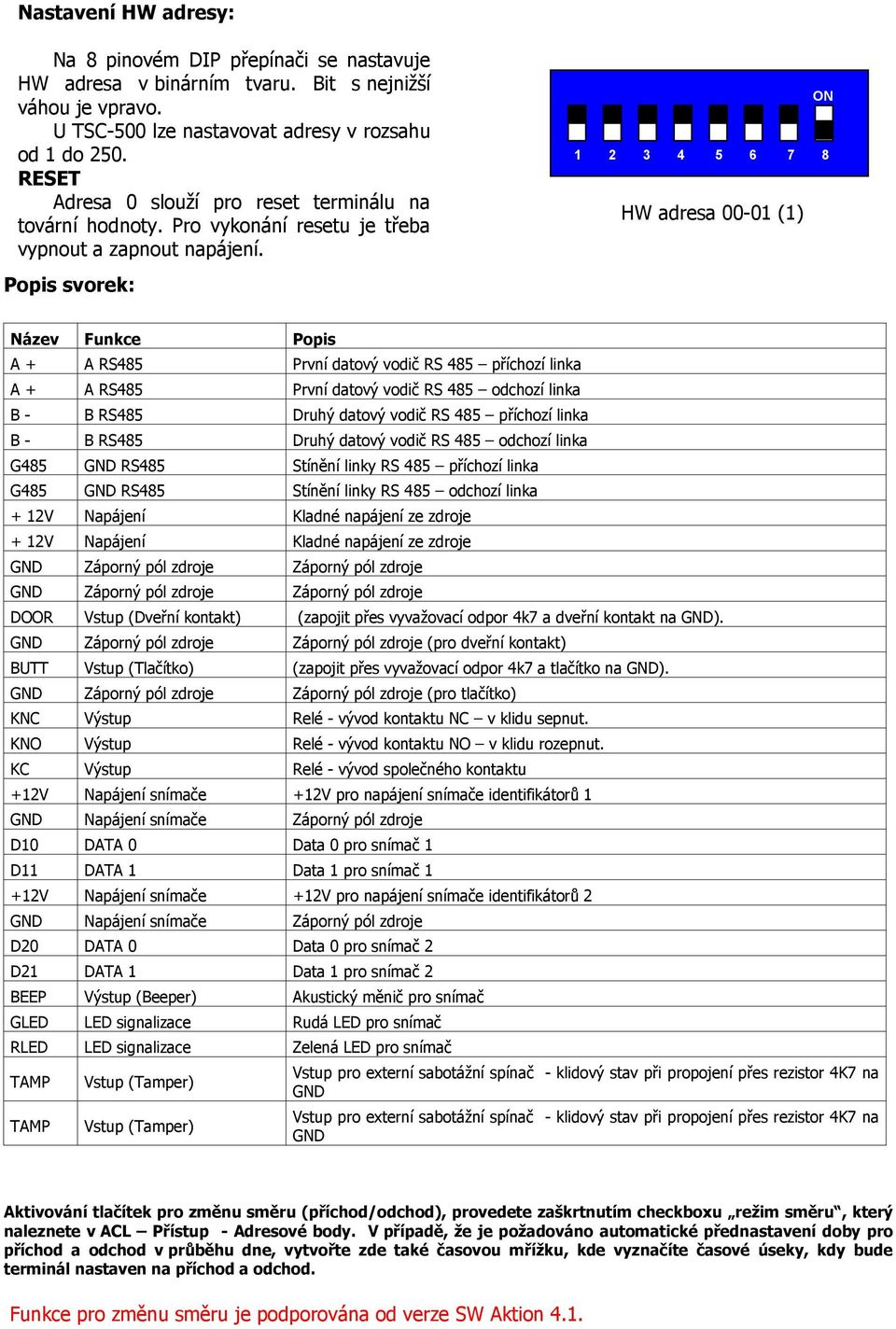 HW adresa 00-01 (1) ON 1 2 3 4 5 6 7 8 Popis svorek: Název Funkce Popis A + A RS485 První datový vodič RS 485 příchozí linka A + A RS485 První datový vodič RS 485 odchozí linka B - B RS485 Druhý