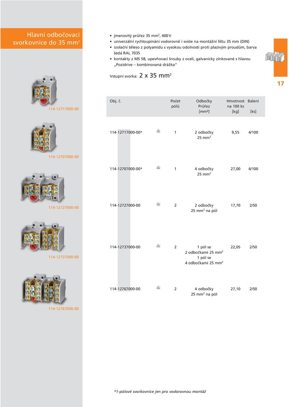 č. Počet Odbočky Hmotnost Balení pólů Průřez na 100 ks 114-12717000-00* 1 2 odbočky 9,55 4/100 25 mm 2 114-12707000-00 114-12707000-00* 1 4 odbočky 27,00 4/100 25 mm 2 114-12727000-00 114-12727000-00