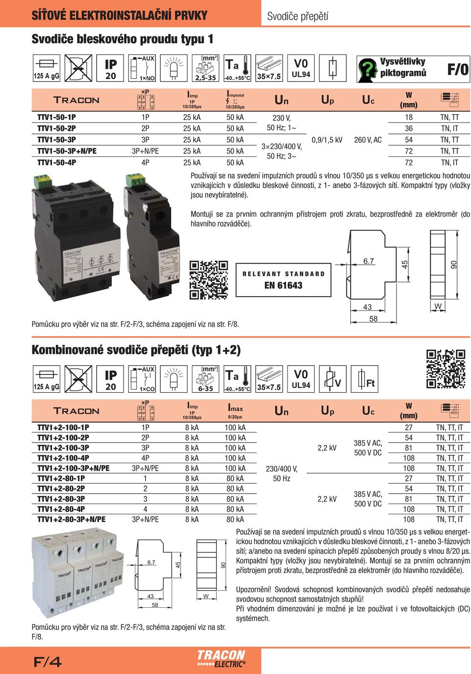 V, AC 54 TN, TT 20/400 V, TTV1-50-P+N/PE P+N/PE 25 ka 50 ka 72 TN, TT 50 Hz; ~ TTV1-50-4P 4P 25 ka 50 ka 72 TN, IT Up Uc W (mm) Používají se na svedení impulzních proudů s vlnou 10/50 μs s velkou