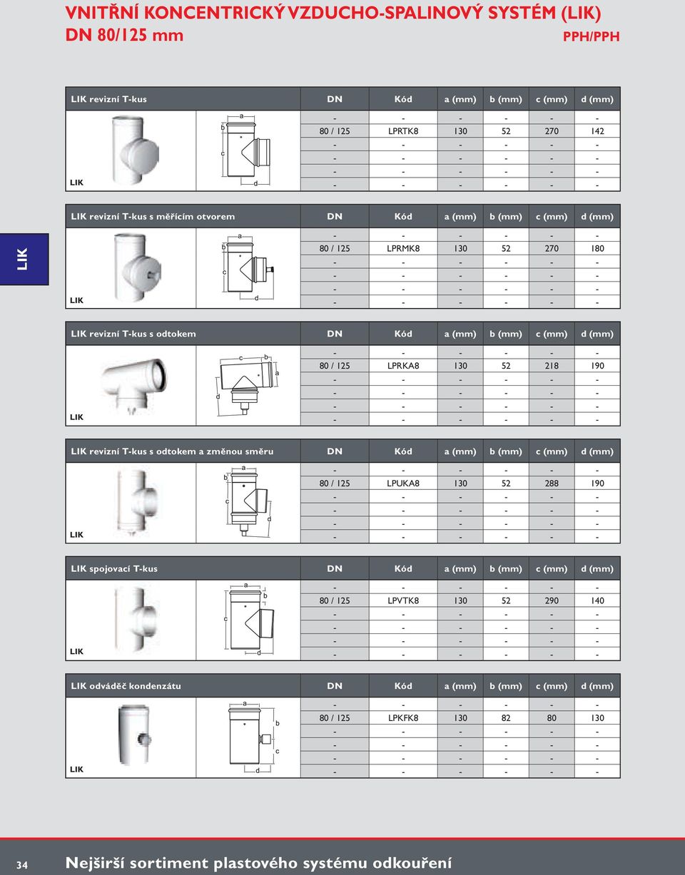 190 revizní T-kus s odtokem a změnou směru Kód a (mm) b (mm) c (mm) d (mm) 80 / 125 LPUKA8 130 52 288 190 spojovací T-kus Kód a (mm) b (mm) c (mm) d (mm)