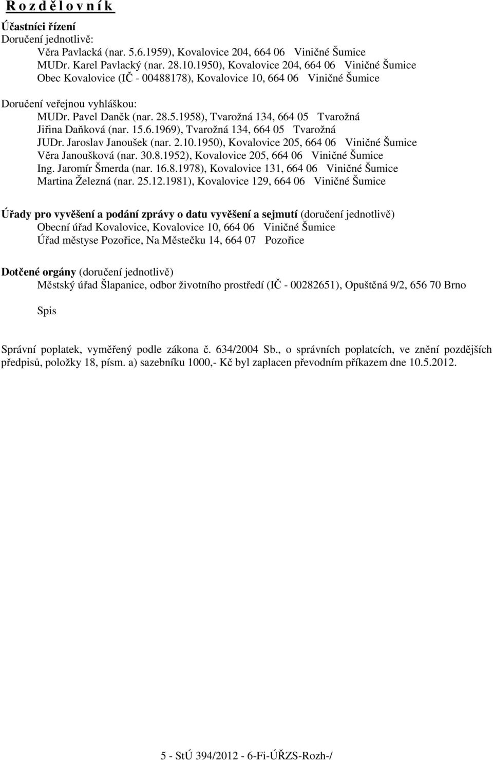 15.6.1969), Tvarožná 134, 664 05 Tvarožná JUDr. Jaroslav Janoušek (nar. 2.10.1950), Kovalovice 205, 664 06 Viničné Šumice Věra Janoušková (nar. 30.8.1952), Kovalovice 205, 664 06 Viničné Šumice Ing.