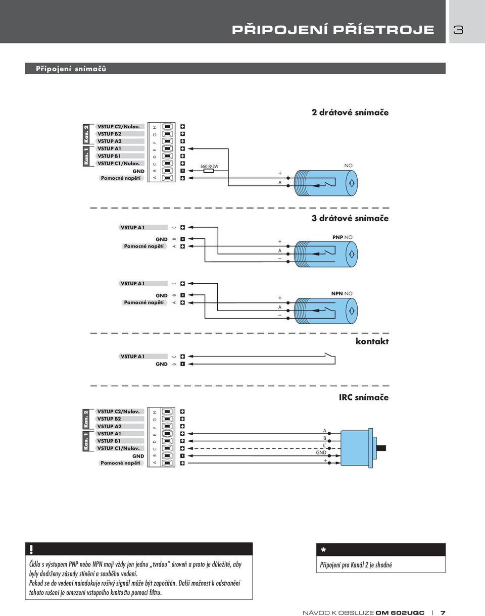 IRC snímače Kan. 2 Kan. 1 VSTUP C2/Nulov. VSTUP B2 VSTUP A2 VSTUP A1 VSTUP B1 VSTUP C1/Nulov. GND Pomocné napětí B C D E F G H A + - + + + + + + A B C GND!