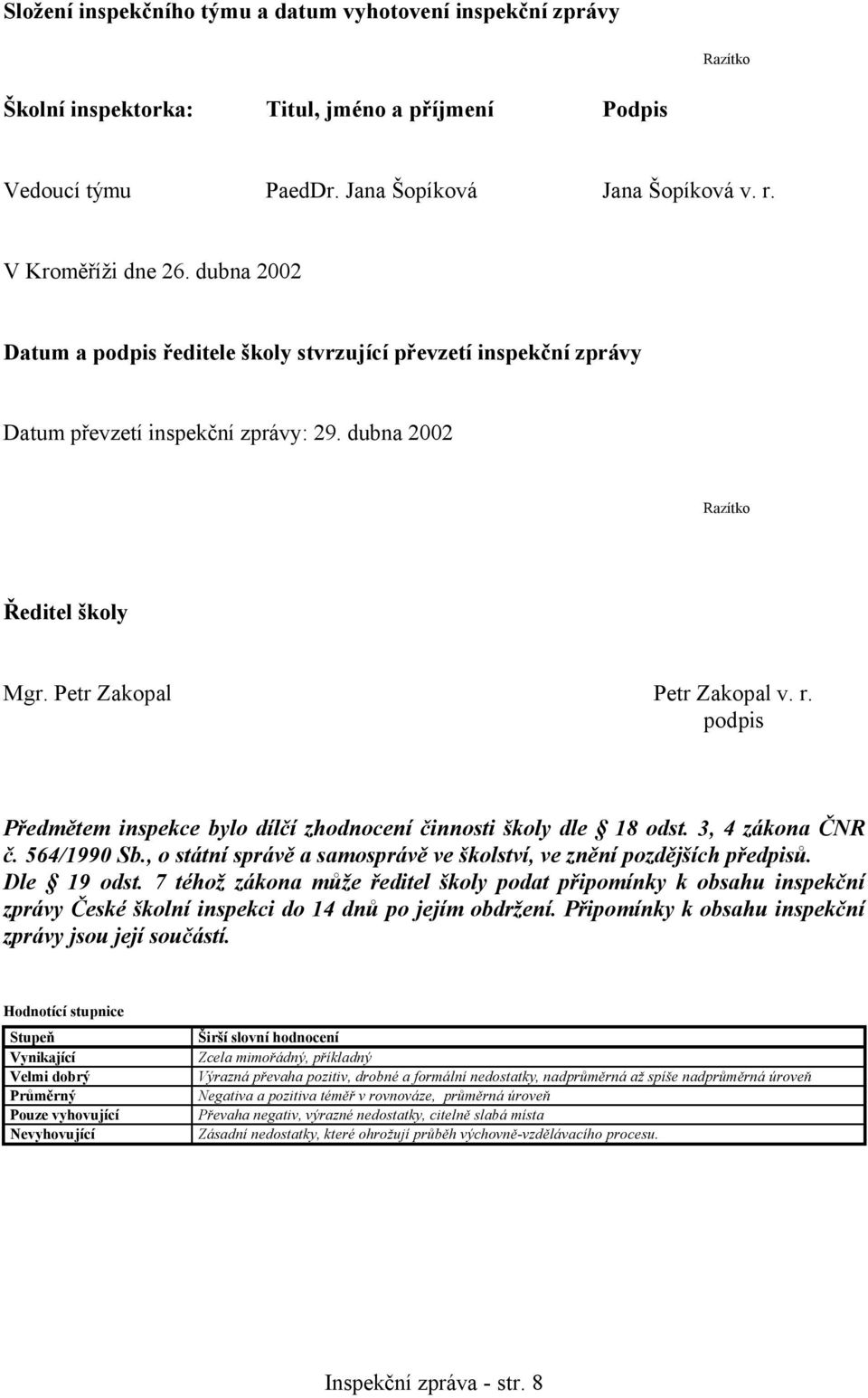 podpis Předmětem inspekce bylo dílčí zhodnocení činnosti školy dle 18 odst. 3, 4 zákona ČNR č. 564/1990 Sb., o státní správě a samosprávě ve školství, ve znění pozdějších předpisů. Dle 19 odst.