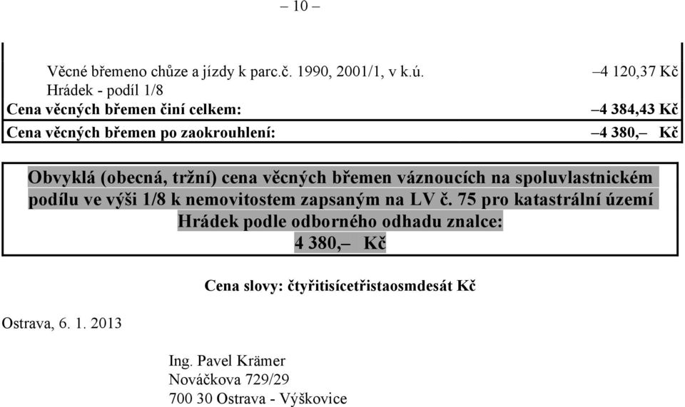 Obvyklá (obecná, tržní) cena věcných břemen váznoucích na spoluvlastnickém podílu ve výši 1/8 k nemovitostem zapsaným na LV č.