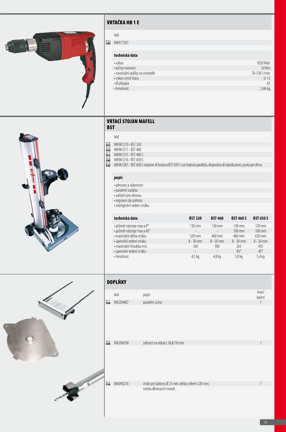 paralelní zarážka zařízení pro obnovu regulace síly pohonu inteligentní vedení vrtáku BST 320 BST 460 BST 460 S BST 650 S průměr nástroje max a 0 130 mm 130 mm 130 mm 130 mm průměr nástroje max a 45