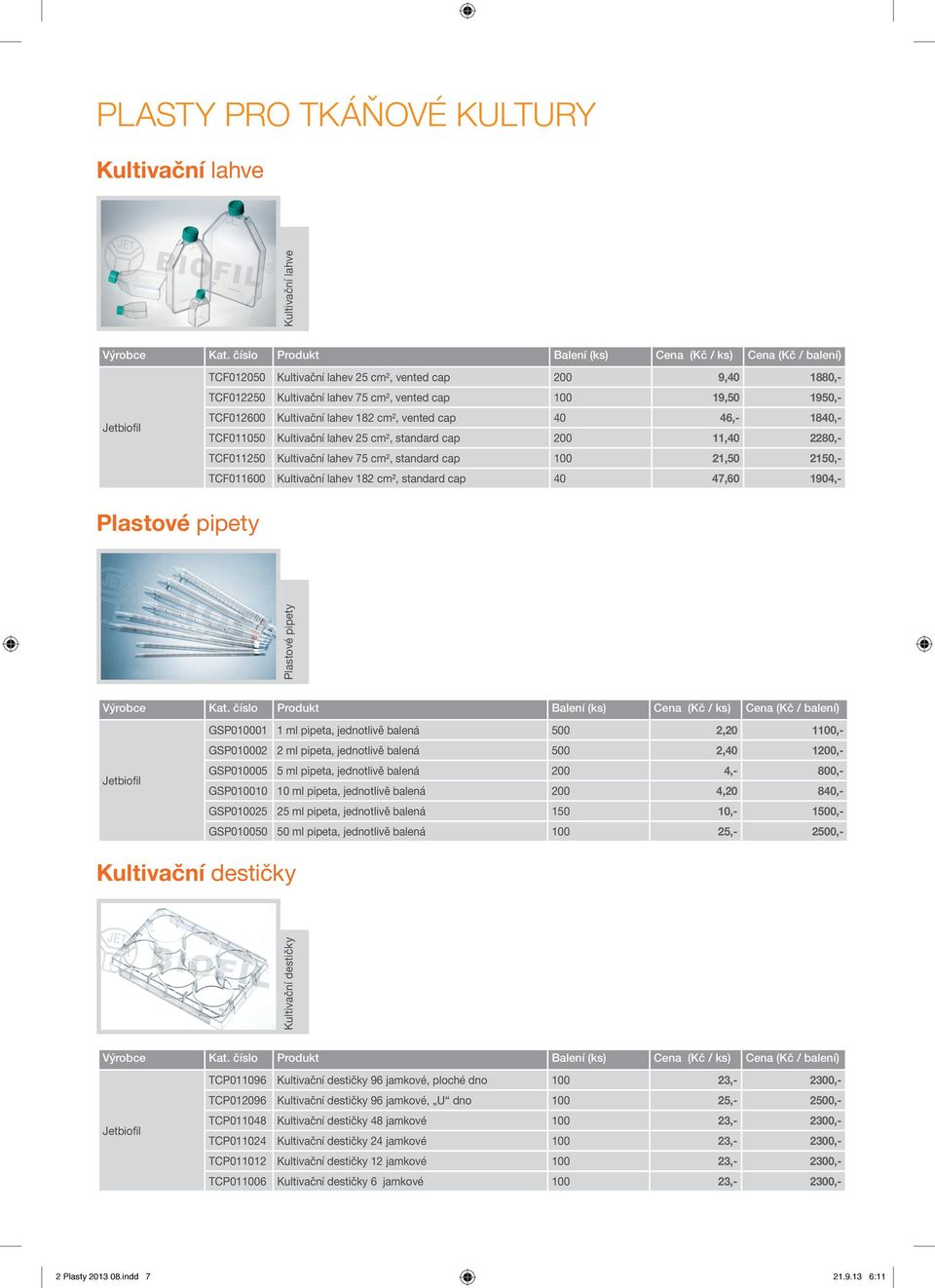 standard cap 100 21,50 2150,- TCF011600 Kultivační lahev 182 cm², standard cap 40 47,60 1904,- Plastové pipety Jetbiofil GSP010001 1 ml pipeta, jednotlivě balená 500 2,20 1100,- GSP010002 2 ml