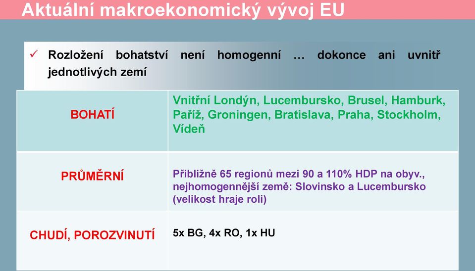 Bratislava, Praha, Stockholm, Vídeň PRŮMĚRNÍ Přibližně 65 regionů mezi 90 a 110% HDP na obyv.