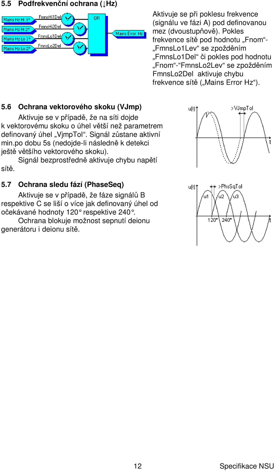 6 Ochrana vektorového skoku (VJmp) Aktivuje se v p ípad, že na síti dojde k vektorovému skoku o úhel v tší než parametrem definovaný úhel VjmpTol. Signál z stane aktivní min.