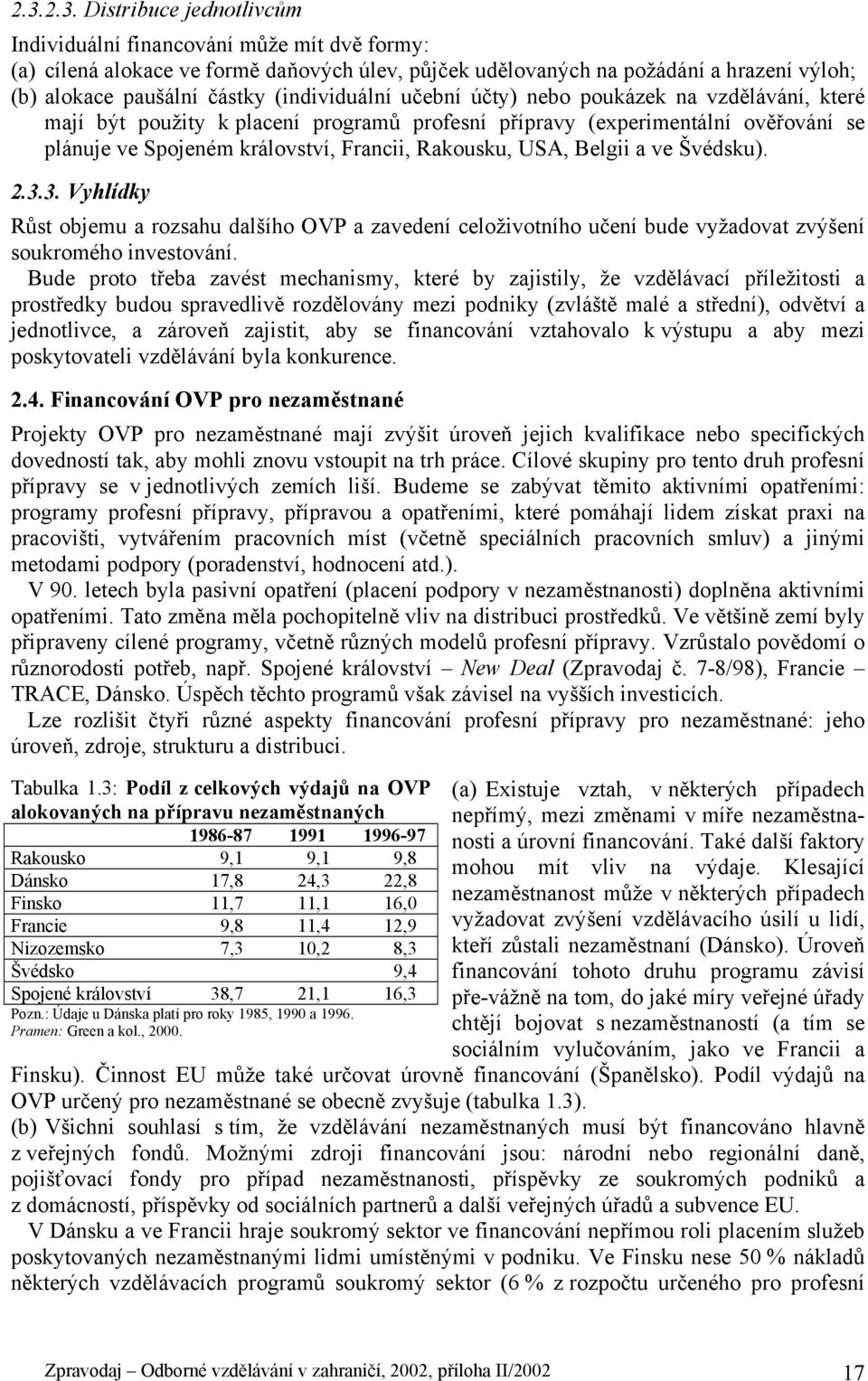 USA, Belgii a ve Švédsku). 2.3.3. Vyhlídky Růst objemu a rozsahu dalšího OVP a zavedení celoživotního učení bude vyžadovat zvýšení soukromého investování.