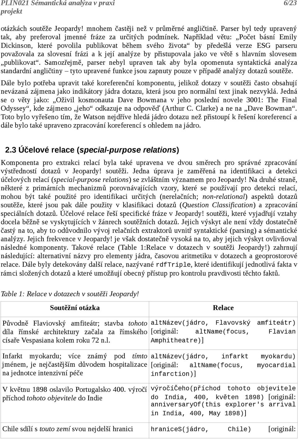 hlavním slovesem publikovat. Samozřejmě, parser nebyl upraven tak aby byla opomenuta syntaktická analýza standardní angličtiny tyto upravené funkce jsou zapnuty pouze v případě analýzy dotazů soutěže.