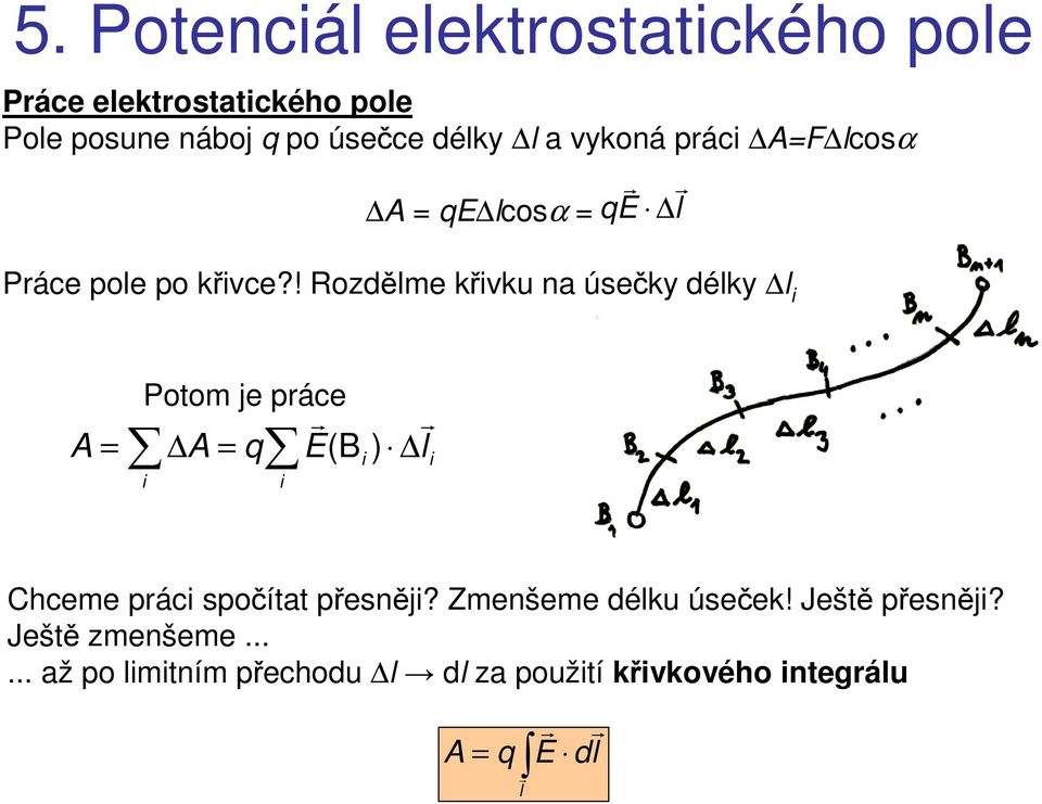 ! Rozdělme křivku na úsečky délky l i A Potom je páce A q E(B ) l i i i i Chceme páci spočítat