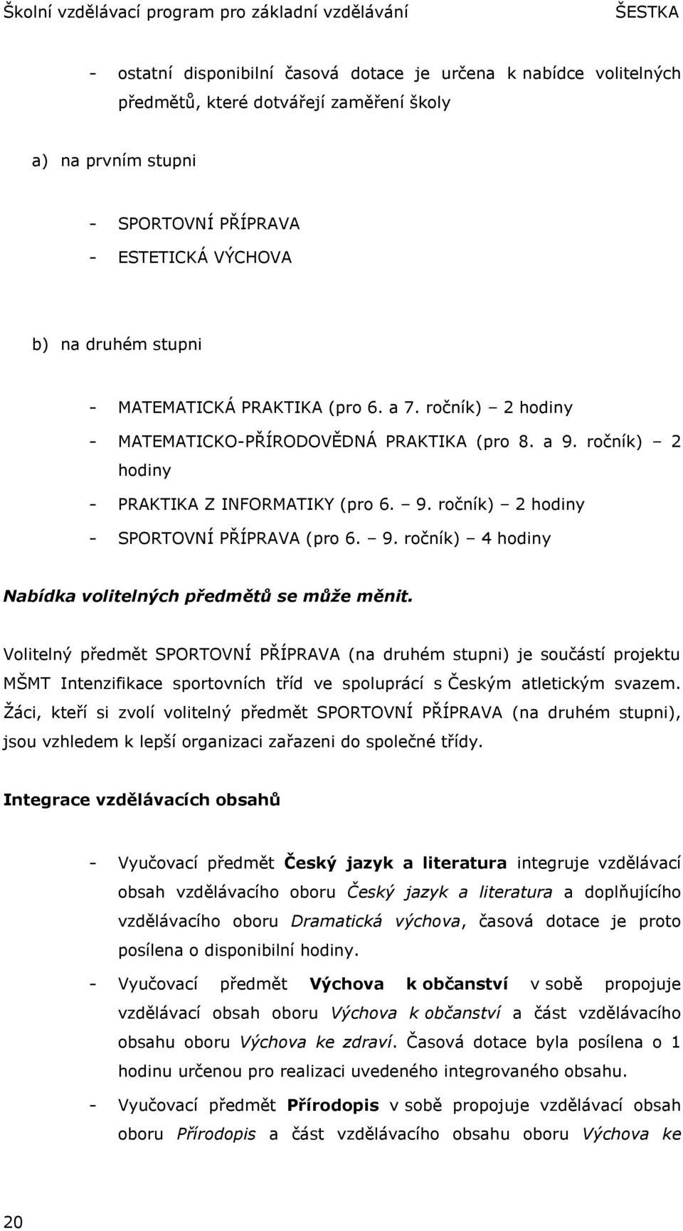 9. ročník) 4 hodiny Nabídka volitelných předmětů se může měnit.