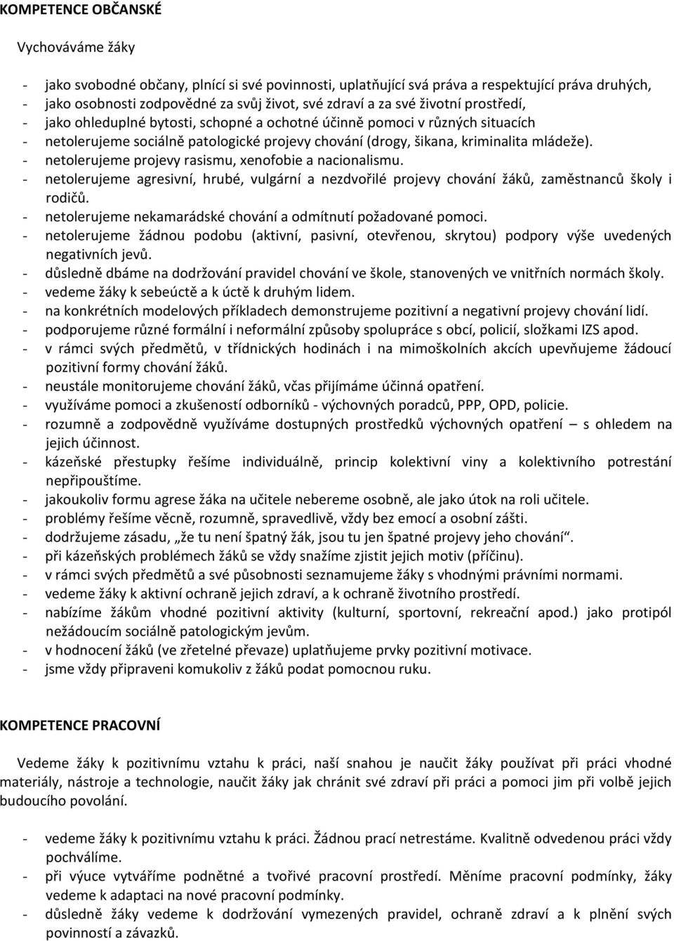 - netolerujeme projevy rasismu, xenofobie a nacionalismu. - netolerujeme agresivní, hrubé, vulgární a nezdvořilé projevy chování žáků, zaměstnanců školy i rodičů.