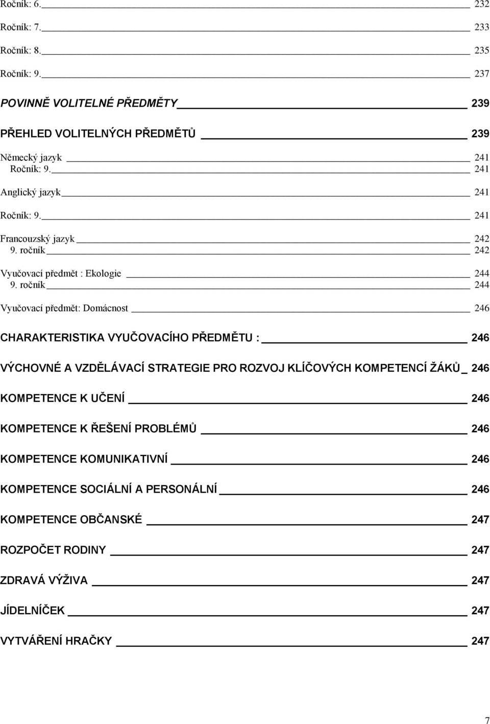 ročník 244 Vyučovací předmět: Domácnost 246 CHARAKTERISTIKA VYUČOVACÍHO PŘEDMĚTU : 246 VÝCHOVNÉ A VZDĚLÁVACÍ STRATEGIE PRO ROZVOJ KLÍČOVÝCH KOMPETENCÍ ŽÁKŮ _ 246