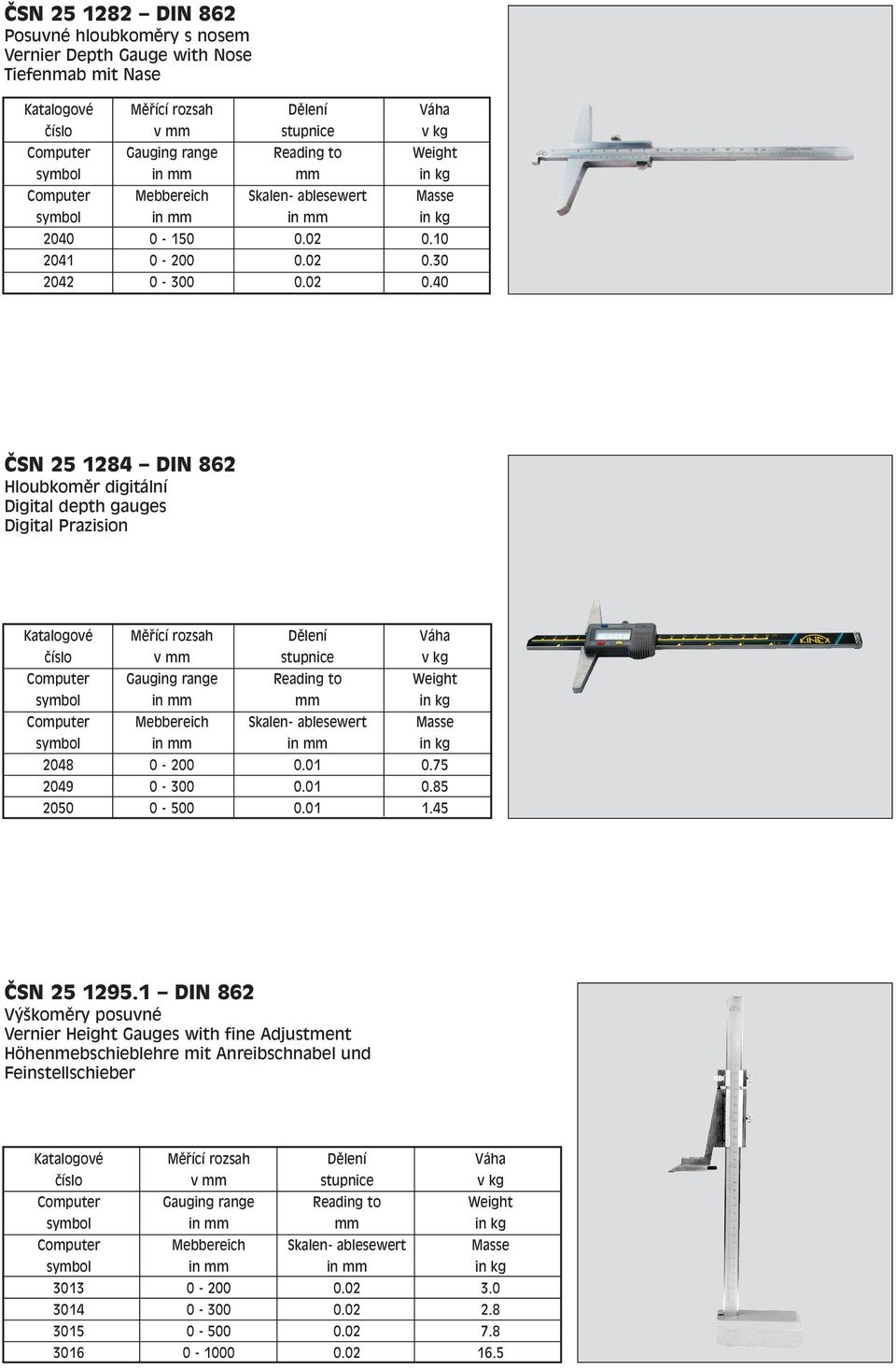 40 ČSN 25 1284 DIN 862 Hloubkoměr digitální Digital depth gauges Digital Prazision Katalogové Měřící rozsah Dělení Váha číslo stupnice v kg Gauging range Reading to Weight mm Mebbereich Skalen-