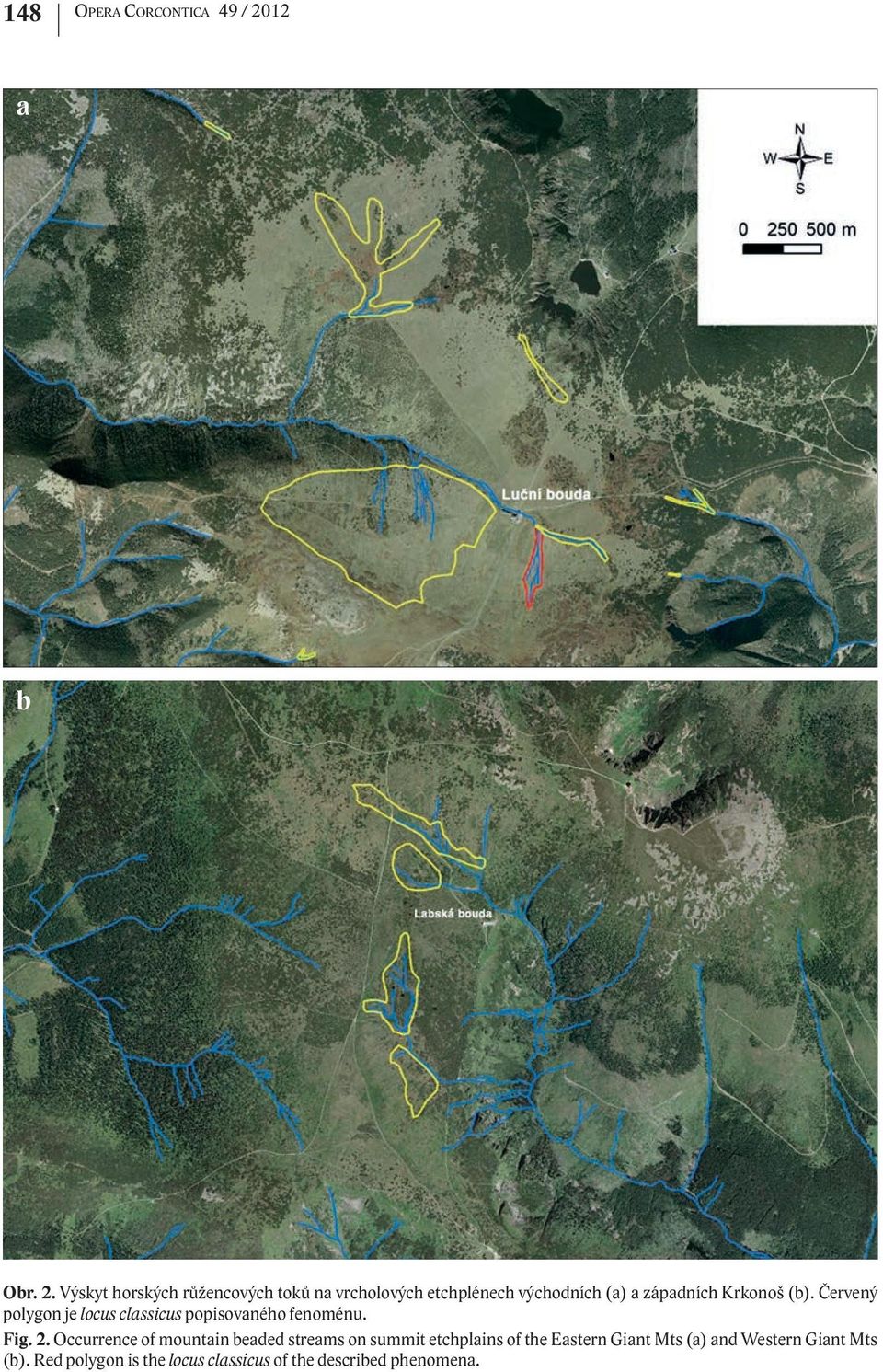Výskyt horských růžencových toků na vrcholových etchplénech východních (a) a západních Krkonoš