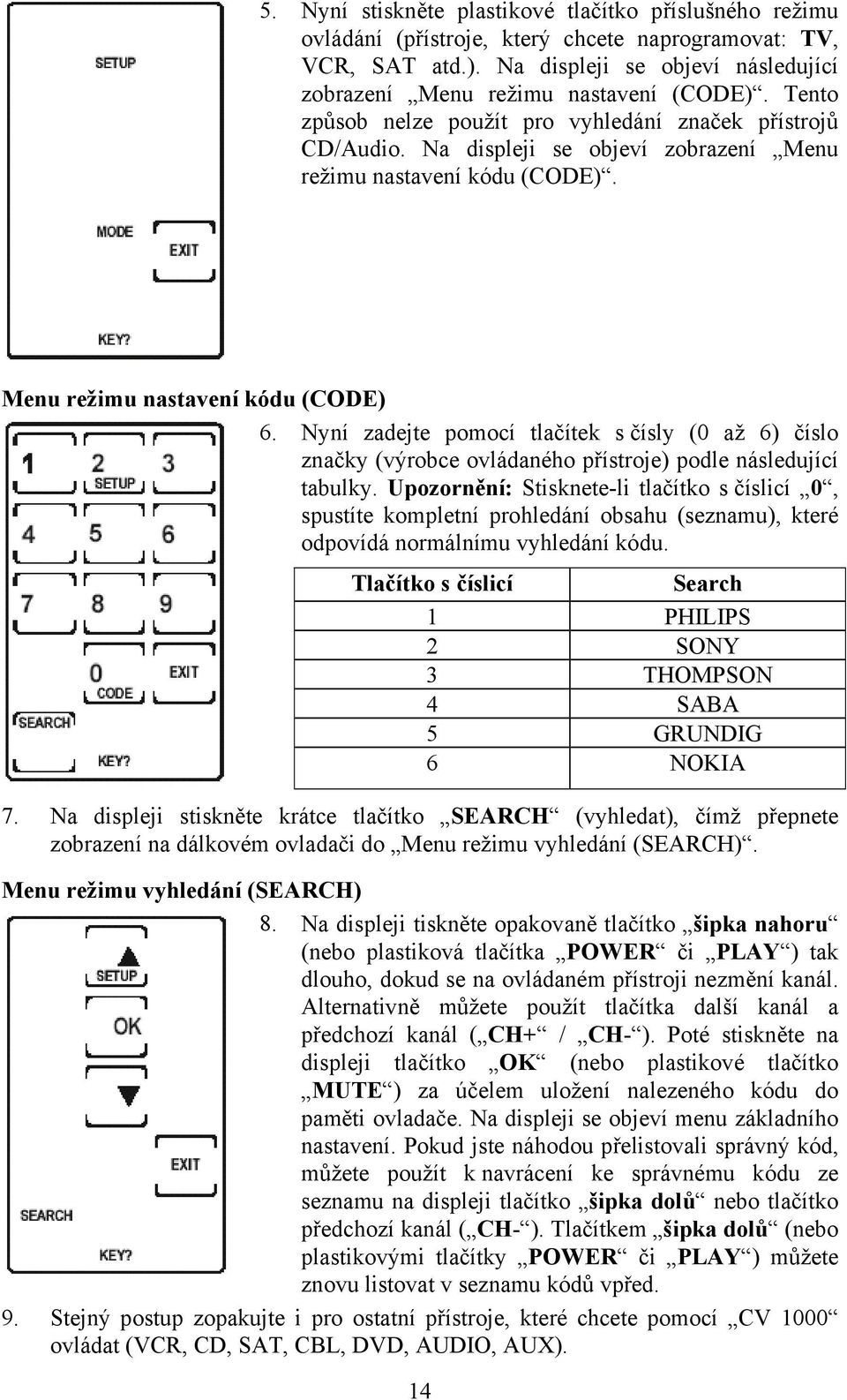 Nyní zadejte pomocí tlačítek s čísly (0 až 6) číslo značky (výrobce ovládaného přístroje) podle následující tabulky.