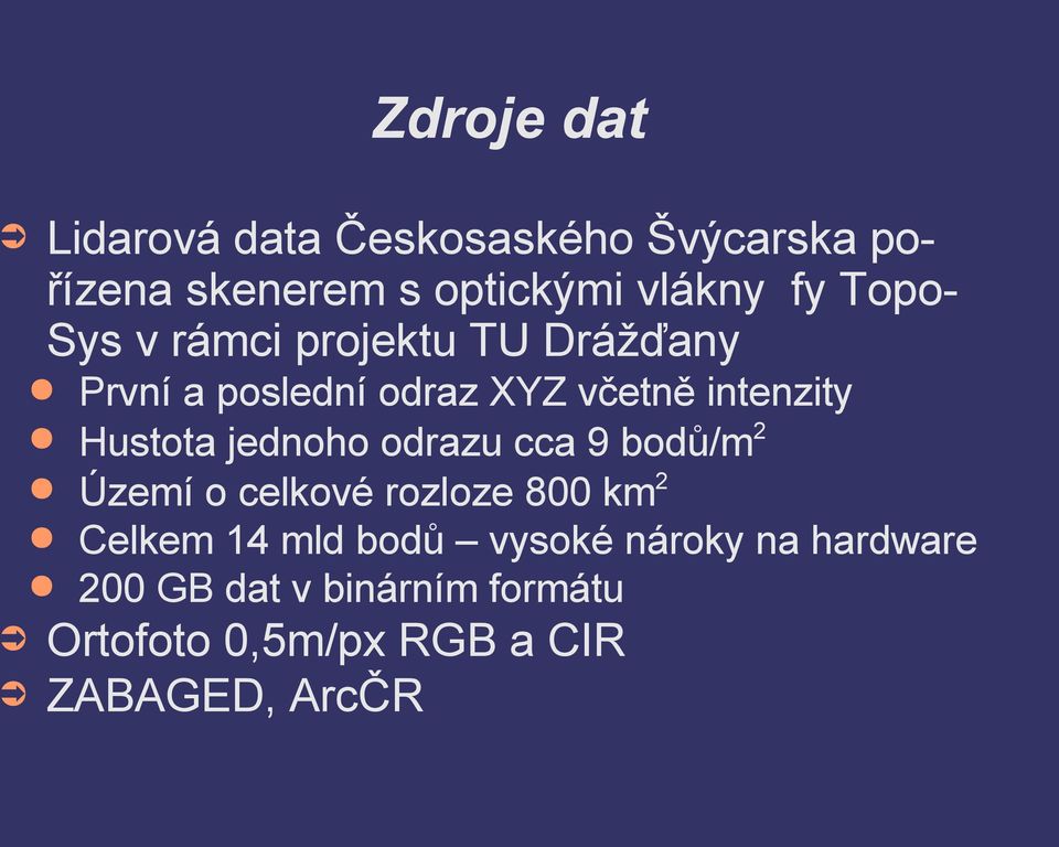 jednoho odrazu cca 9 bodů/m2 Území o celkové rozloze 800 km2 Celkem 14 mld bodů vysoké