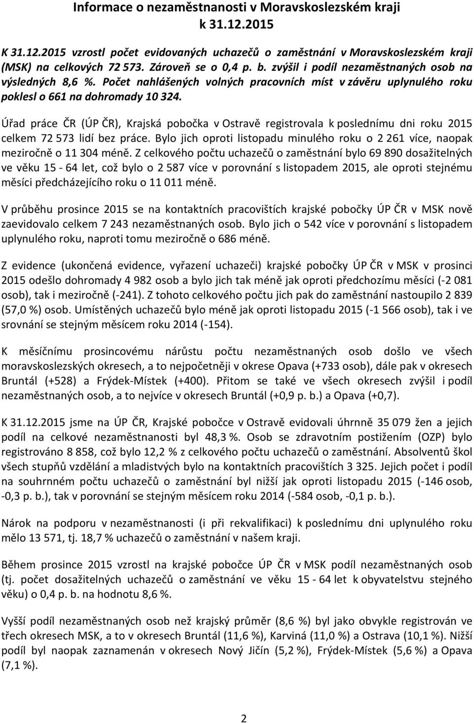 Úřad práce ČR (ÚP ČR), Krajská pobočka v Ostravě registrovala k poslednímu dni roku 2015 celkem 72 573 lidí bez práce.