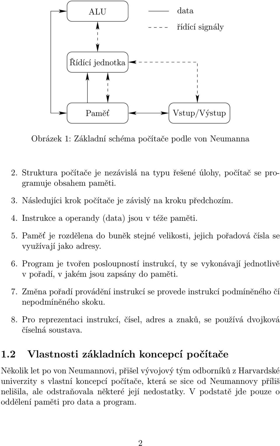 Instrukce a operandy (data) jsou v téže paměti. 5. je rozdělena do buněk stejné velikosti, jejich pořadová čísla se využívají jako adresy. 6.