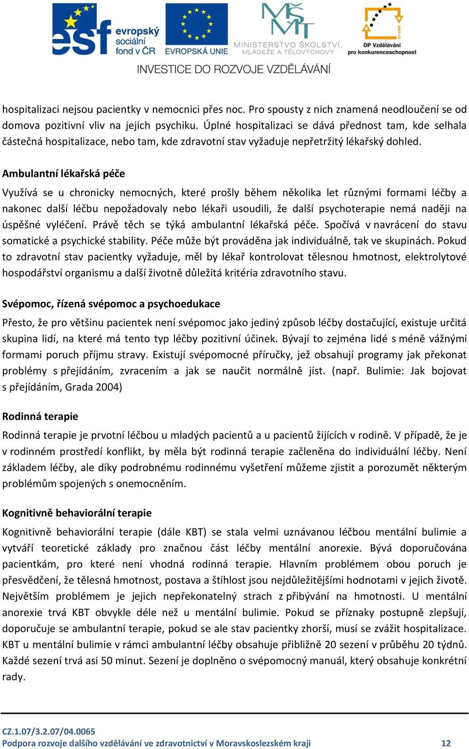 Ambulantní lékařská péče Využívá se u chronicky nemocných, které prošly během několika let různými formami léčby a nakonec další léčbu nepožadovaly nebo lékaři usoudili, že další psychoterapie nemá