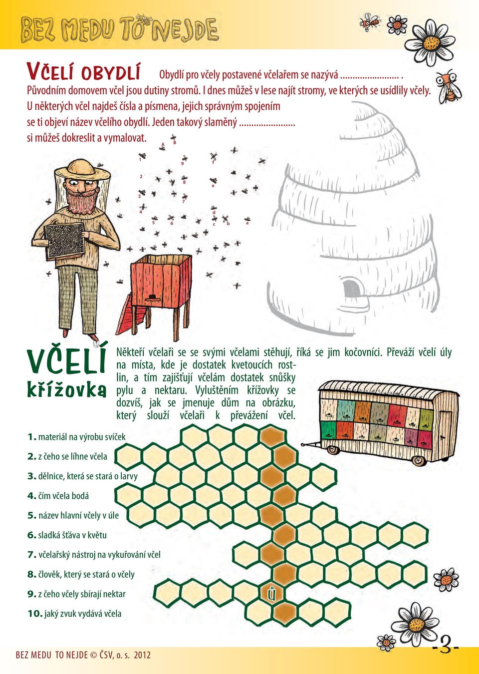 A B 1 2 3 4 9 8 7 f e d 5 6 c b a VČELÍ křížovka Někteří včelaři se se svými včelami stěhují, říká se jim kočovníci.