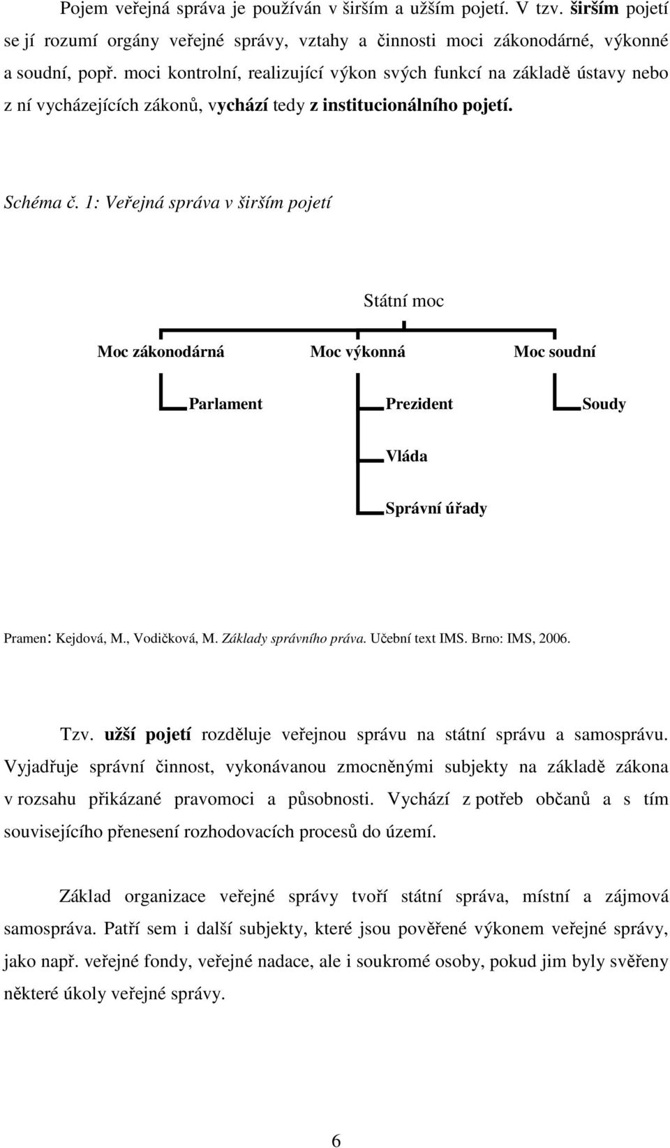 1: Veřejná správa v širším pojetí Státní moc Moc zákonodárná Moc výkonná Moc soudní Parlament Prezident Soudy Vláda Správní úřady Pramen: Kejdová, M., Vodičková, M. Základy správního práva.