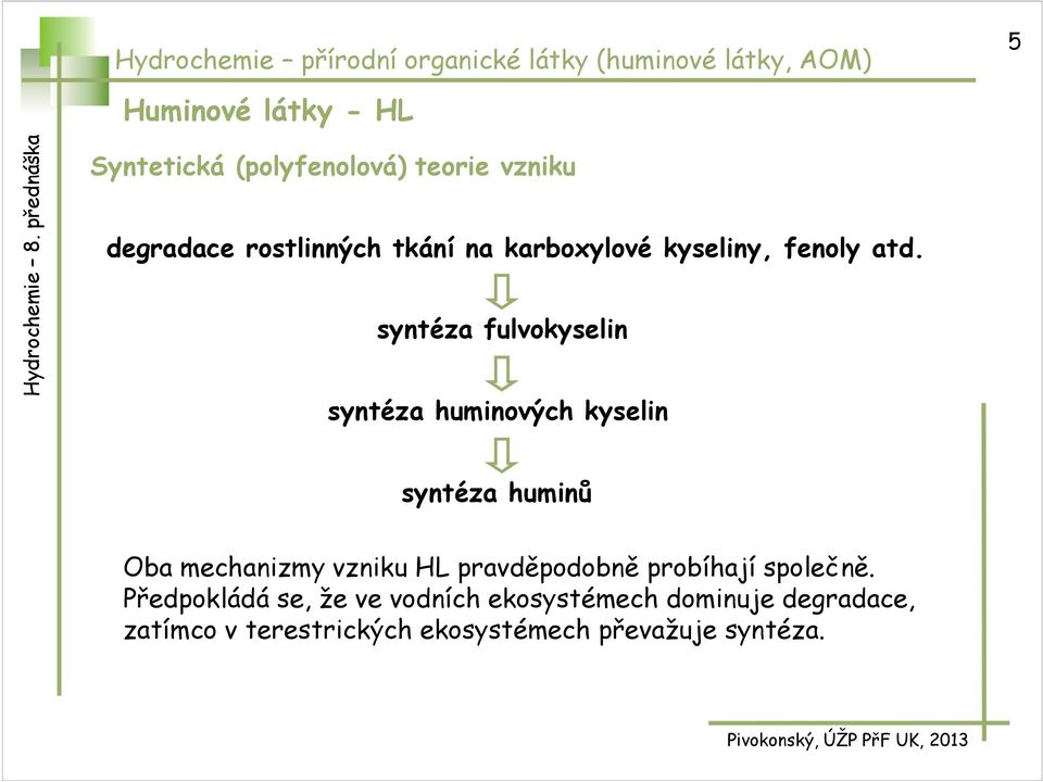 syntéza fulvokyselin syntéza huminových kyselin syntéza huminů ba mechanizmy vzniku HL pravděpodobně