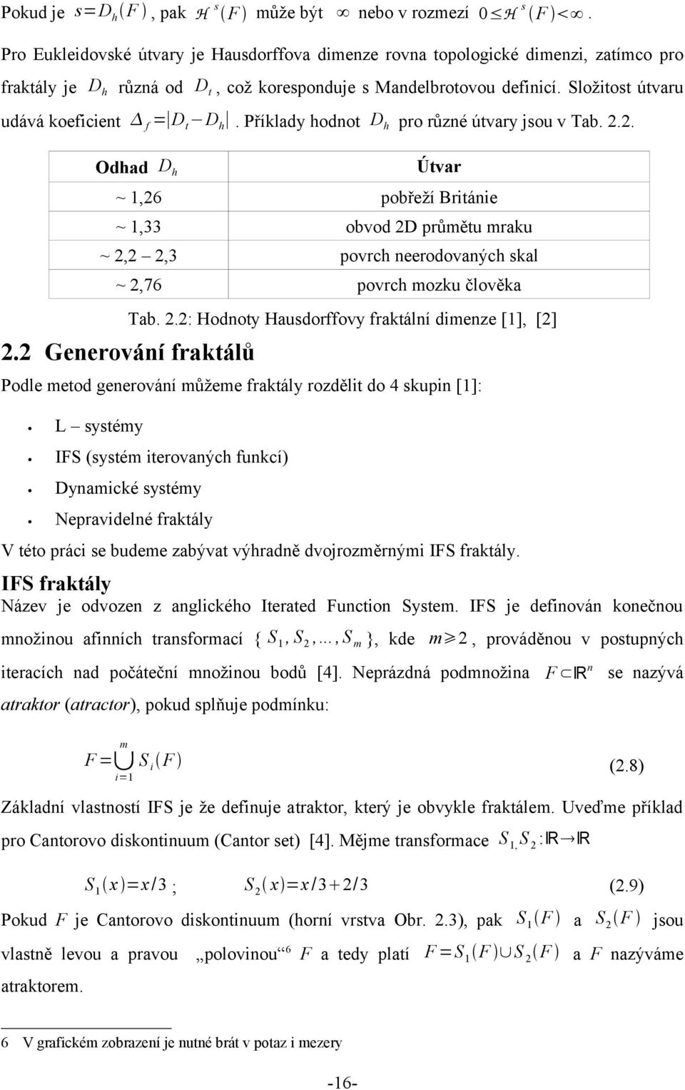 Složitost útvaru udává koeficient f = Dt Dh. Příklady hodnot Dh pro různé útvary jsou v Tab.