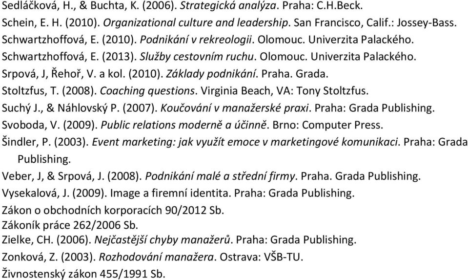 (2008). Coaching questions. Virginia Beach, VA: Tony Stoltzfus. Suchý J., & Náhlovský P. (2007). Koučování v manažerské praxi. Praha: Grada Publishing. Svoboda, V. (2009).
