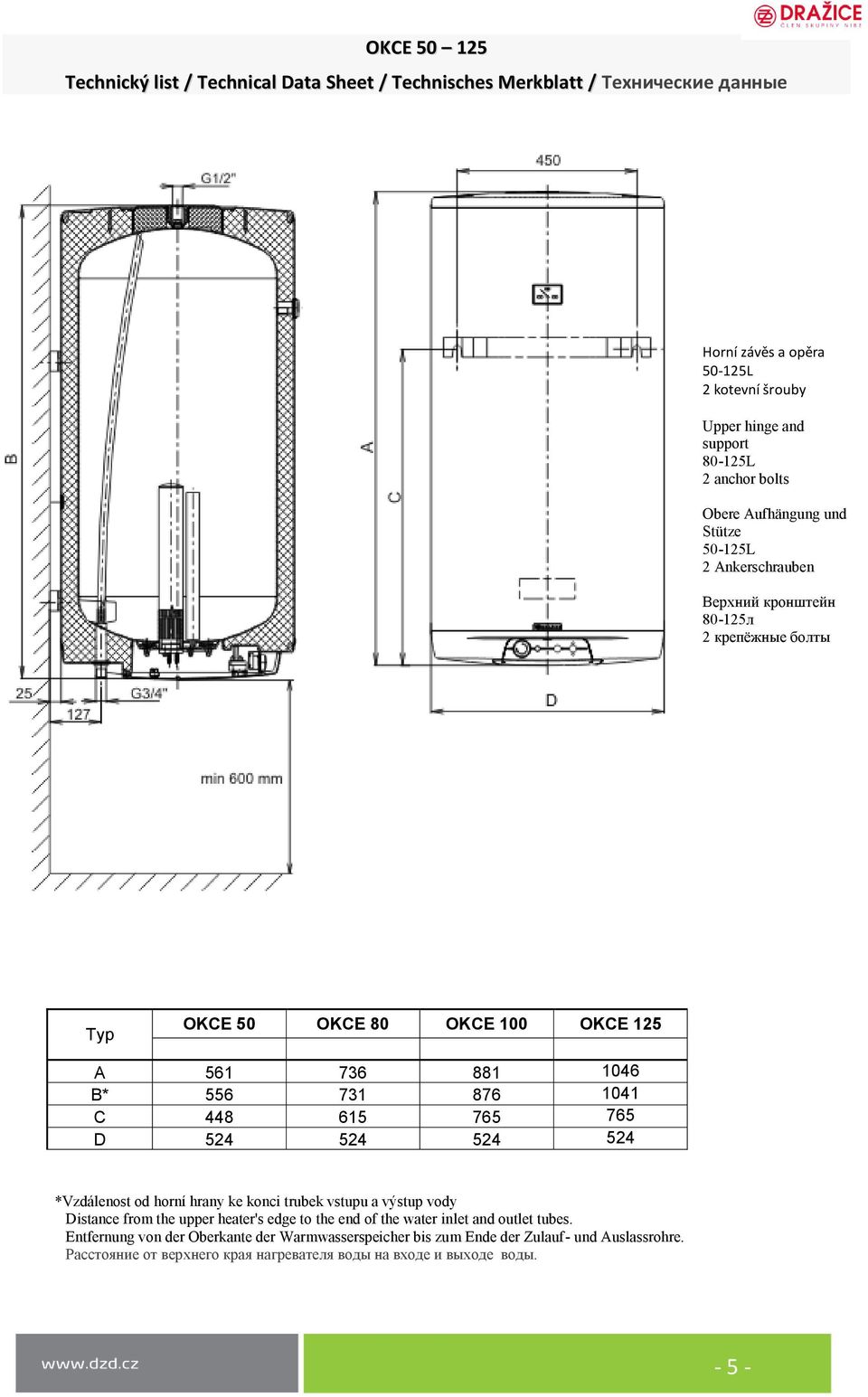 *Vzdálenost od horní hrany ke konci trubek vstupu a výstup vody Distance from the upper heater's edge to the end of the water inlet and outlet tubes.