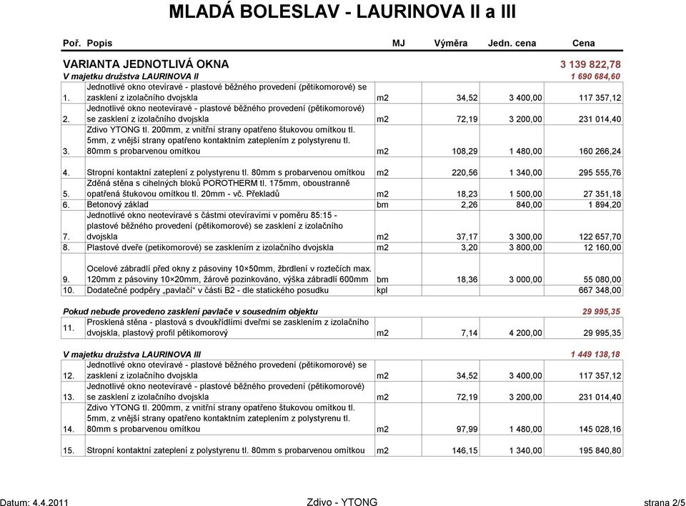 Jednotlivé okno neotevíravé - plastové běžného provedení (pětikomorové) se zasklení z izolačního dvojskla m2 72,19 3 200,00 231 014,40 3. 4. Stropní kontaktní zateplení z polystyrenu tl.