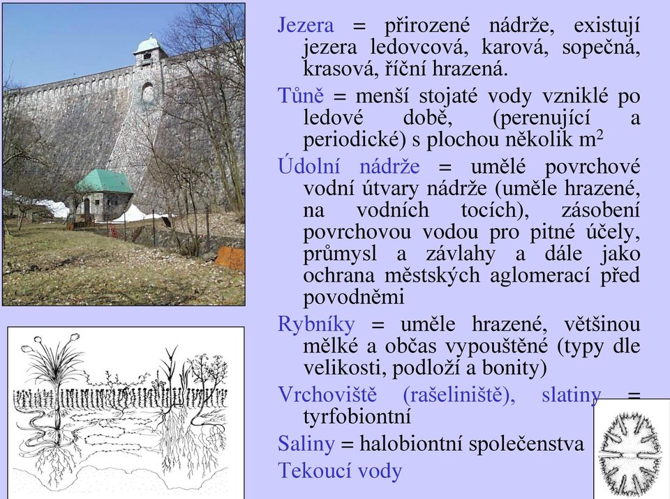 nádrže (uměle hrazené, na vodních tocích), zásobení povrchovou vodou pro pitné účely, průmysl a závlahy a dále jako ochrana městských aglomerací