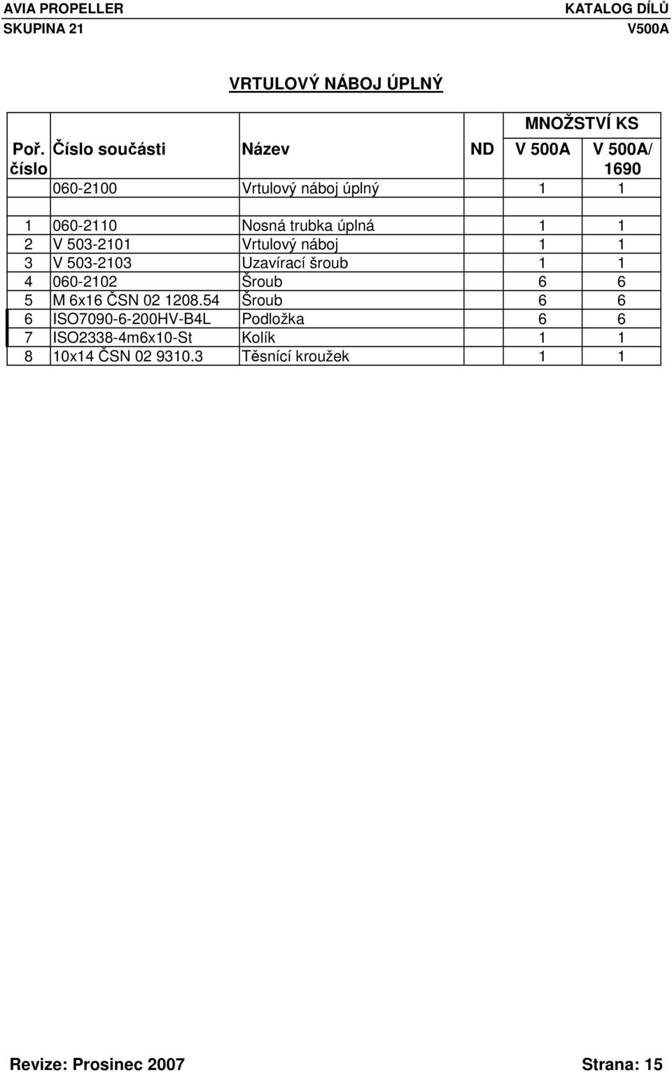 trubka úplná 1 1 2 V 503-2101 Vrtulový náboj 1 1 3 V 503-2103 Uzavírací šroub 1 1 4 060-2102 Šroub 6 6 5 M