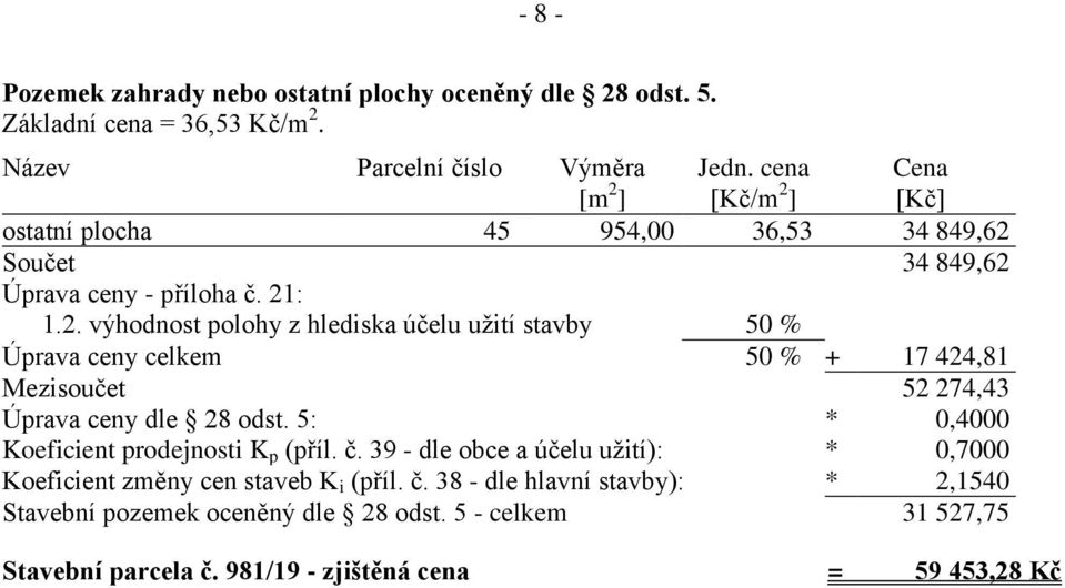 5: * 0,4000 Koeficient prodejnosti K p (příl. č. 39 - dle obce a účelu uţití): * 0,7000 Koeficient změny cen staveb K i (příl. č. 38 - dle hlavní stavby): * 2,1540 Stavební pozemek oceněný dle 28 odst.