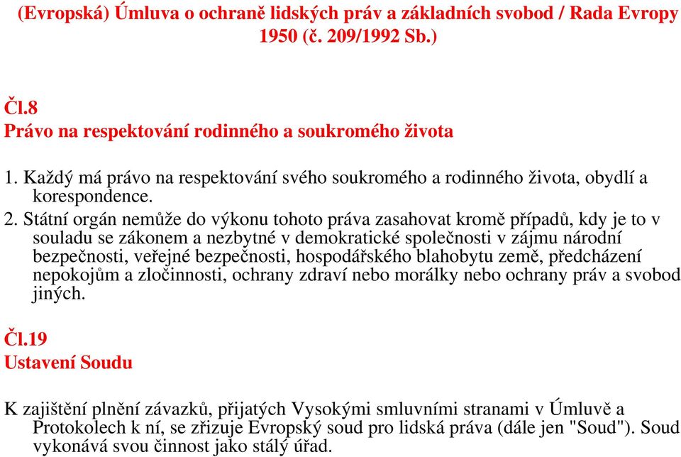 Státní orgán nemůže do výkonu tohoto práva zasahovat kromě případů, kdy je to v souladu se zákonem a nezbytné v demokratické společnosti v zájmu národní bezpečnosti, veřejné bezpečnosti,