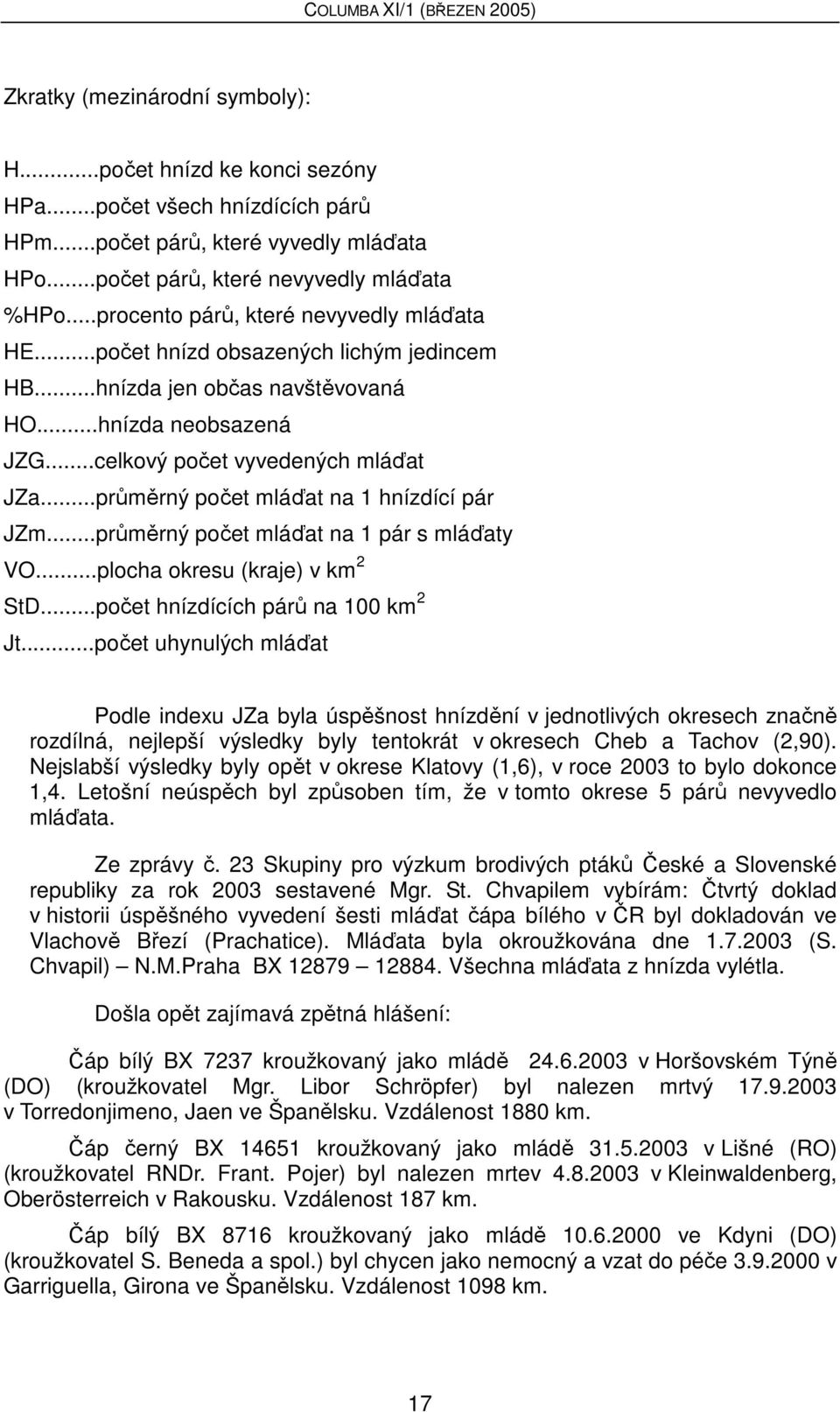 ..průměrný počet mláďat na 1 hnízdící pár JZm...průměrný počet mláďat na 1 pár s mláďaty VO...plocha okresu (kraje) v km 2 StD...počet hnízdících párů na 100 km 2 Jt.