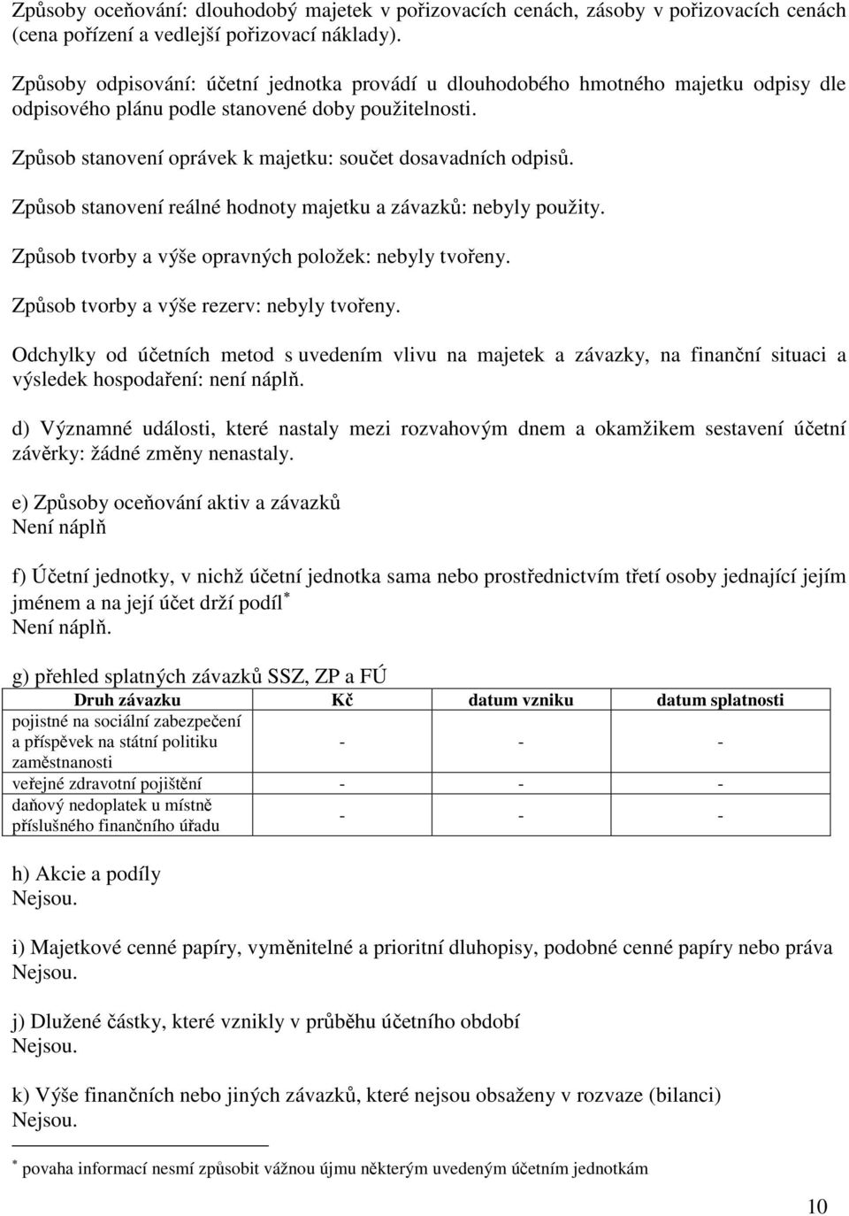 Způsob stanovení oprávek k majetku: součet dosavadních odpisů. Způsob stanovení reálné hodnoty majetku a závazků: nebyly použity. Způsob tvorby a výše opravných položek: nebyly tvořeny.