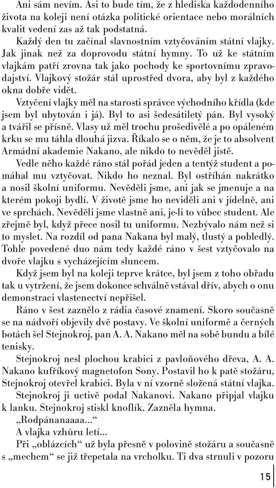 Vlajkový stožár stál uprostřed dvora, aby byl z každého okna dobře vidět. Vztyčení vlajky měl na starosti správce východního křídla (kde jsem byl ubytován i já). Byl to asi šedesátiletý pán.