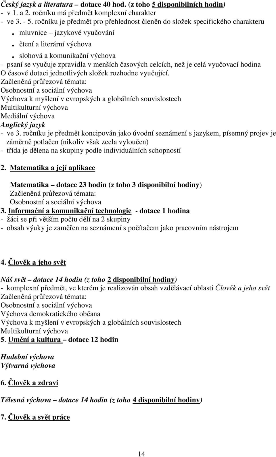 slohová a komunikační výchova - psaní se vyučuje zpravidla v menších časových celcích, než je celá vyučovací hodina O časové dotaci jednotlivých složek rozhodne vyučující.