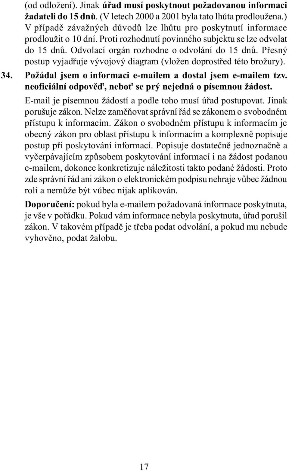 Pøesný postup vyjadøuje vývojový diagram (vložen doprostøed této brožury). 34. Požádal jsem o informaci e-mailem a dostal jsem e-mailem tzv. neoficiální odpovìï, nebo se prý nejedná o písemnou žádost.