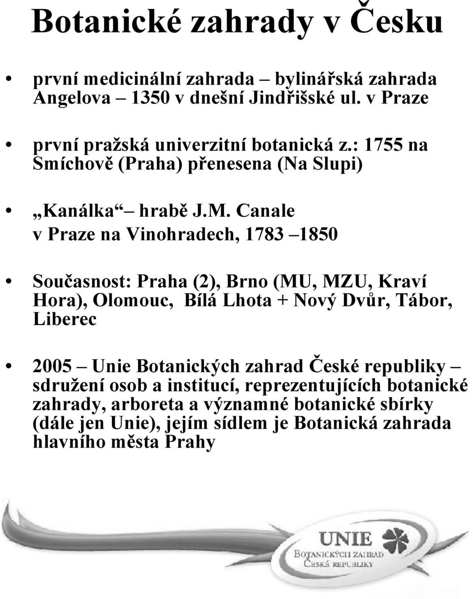 Canale v Praze na Vinohradech, 1783 1850 Současnost: Praha (2), Brno (MU, MZU, Kraví Hora), Olomouc, Bílá Lhota + Nový Dvůr, Tábor, Liberec 2005