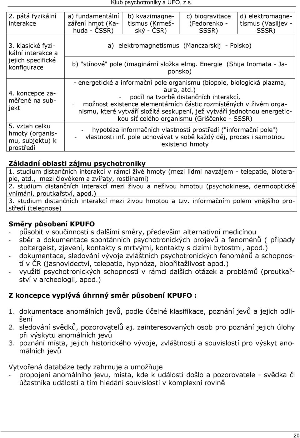 vztah celku hmoty (organismu, subjektu) k prostředí a) elektromagnetismus (Manczarskij - Polsko) b) "stínové" pole (imaginární složka elmg.