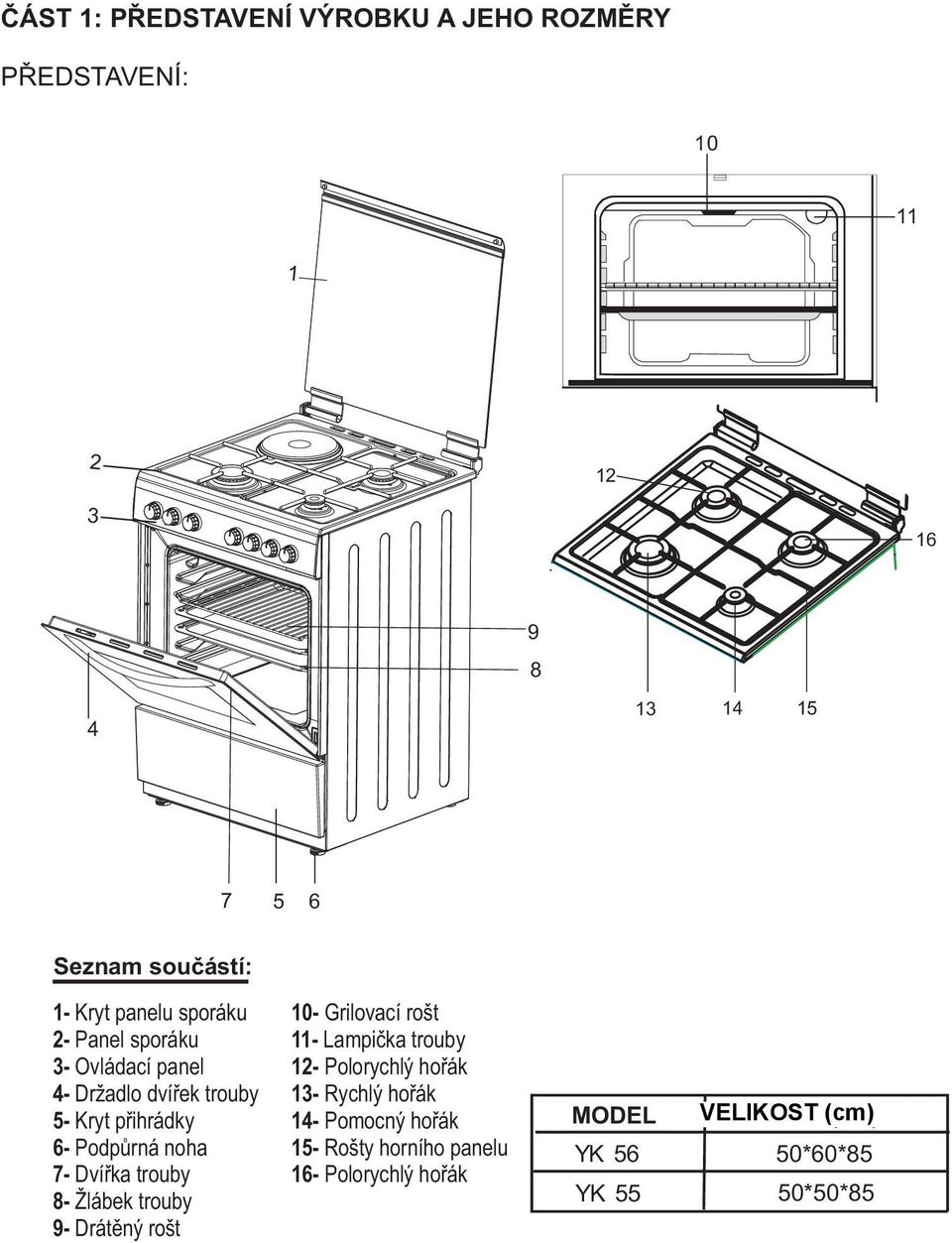Dvíøka trouby 8- Žlábek trouby 9- Drátìný rošt 10- Grilovací rošt 11- Lampièka trouby 12- Polorychlý hoøák 13- Rychlý