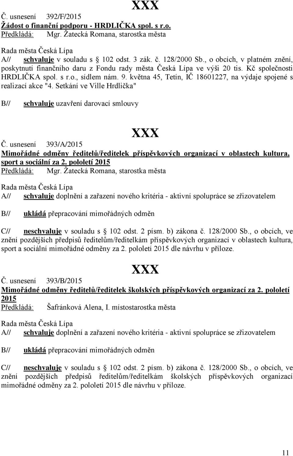 května 45, Tetín, IČ 18601227, na výdaje spojené s realizací akce "4. Setkání ve Ville Hrdlička" B// schvaluje uzavření darovací smlouvy Č.